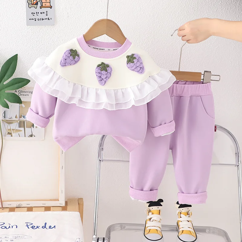 Spring Fall Baby Girls Clothes Sets Outfits Infant Clothing Casual Strawberry T-shirt Top+Pants 2Pcs Kids Suit 1st Birthday Sets