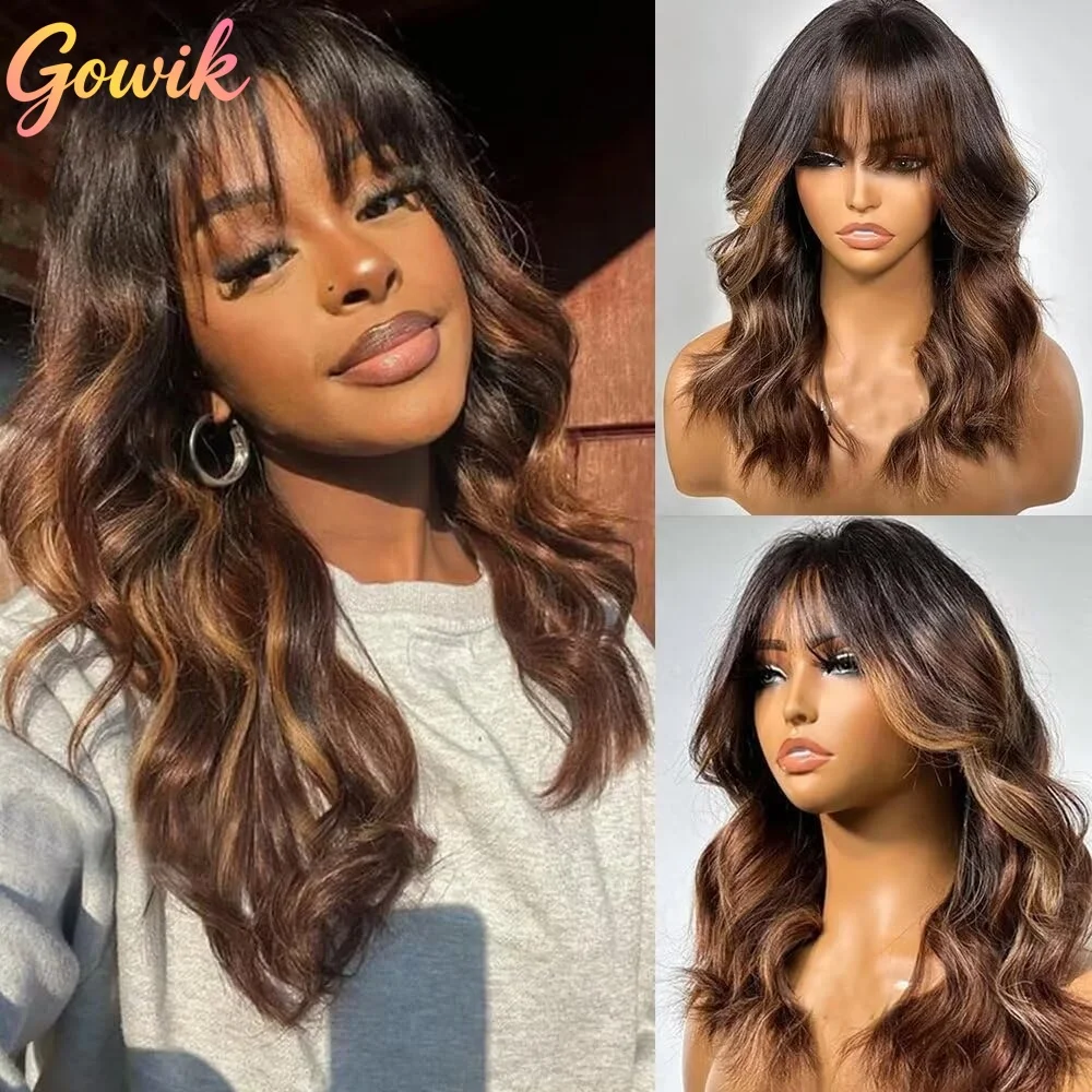 

Ombre Каштановый Коричневый Многослойный Занавес Челка 5x5 Кружевная Застежка Объемная Волна Парик 100% Бразильские Предварительно Сорванные Парики Человеческих Волос Для Женщин