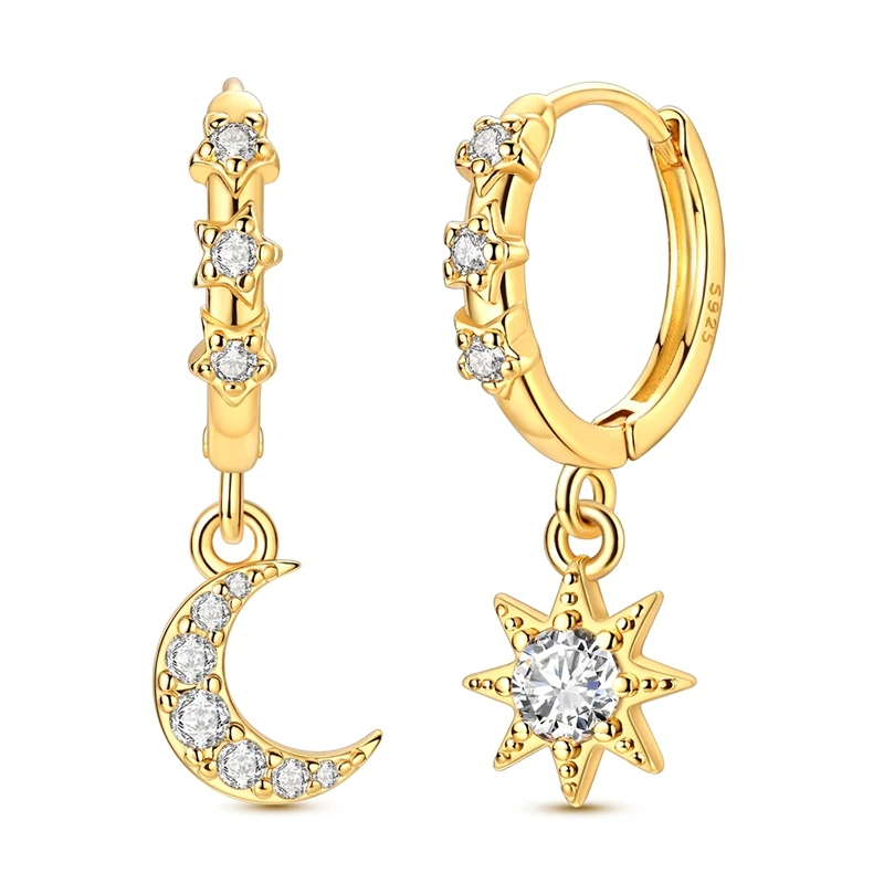

925 Sterling Silver Golden Earrings Women Asymmetrical Star Moon and Sun Drop Earring For Anniversary Wedding Jewelry Gifts