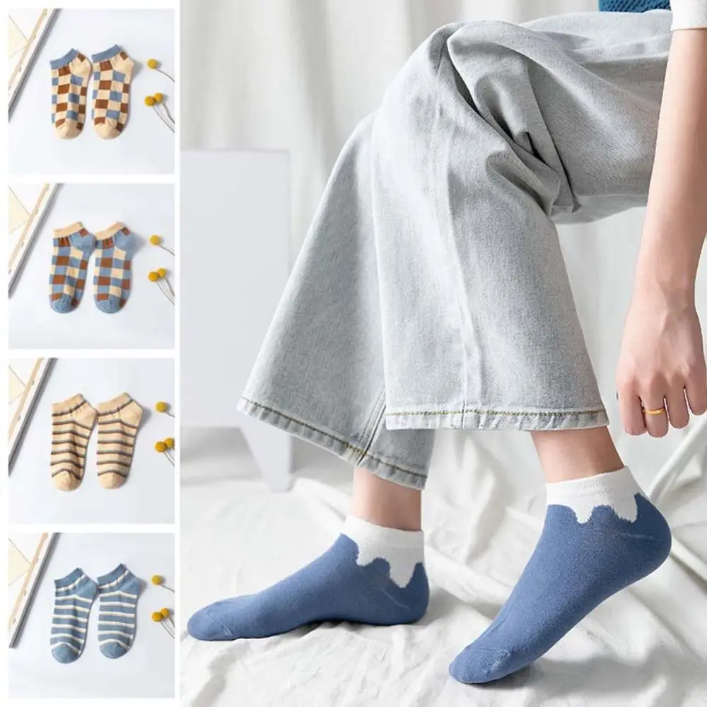

10Pairs Breathable Grid Stripe Ankle Socks Non-slip Colorful Women Tube Socks Thin Hosiery Simple Mid-calf Socks Autumn