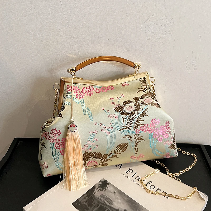 

2026 Vintage Floral Handbag Chinese Style Tassel Clutch Bag with Detachable Chain Strap, Elegant Party Crossbody Purse