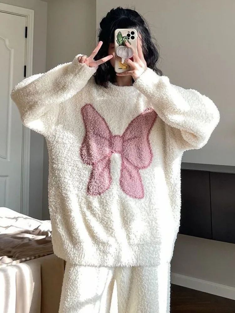 Winter Coral Fleece Sleepwear Women Warm Pajamas Sets Flannel Homewear Loungewear Long Sleeve Pullover Pants 2Pcs Pajamas