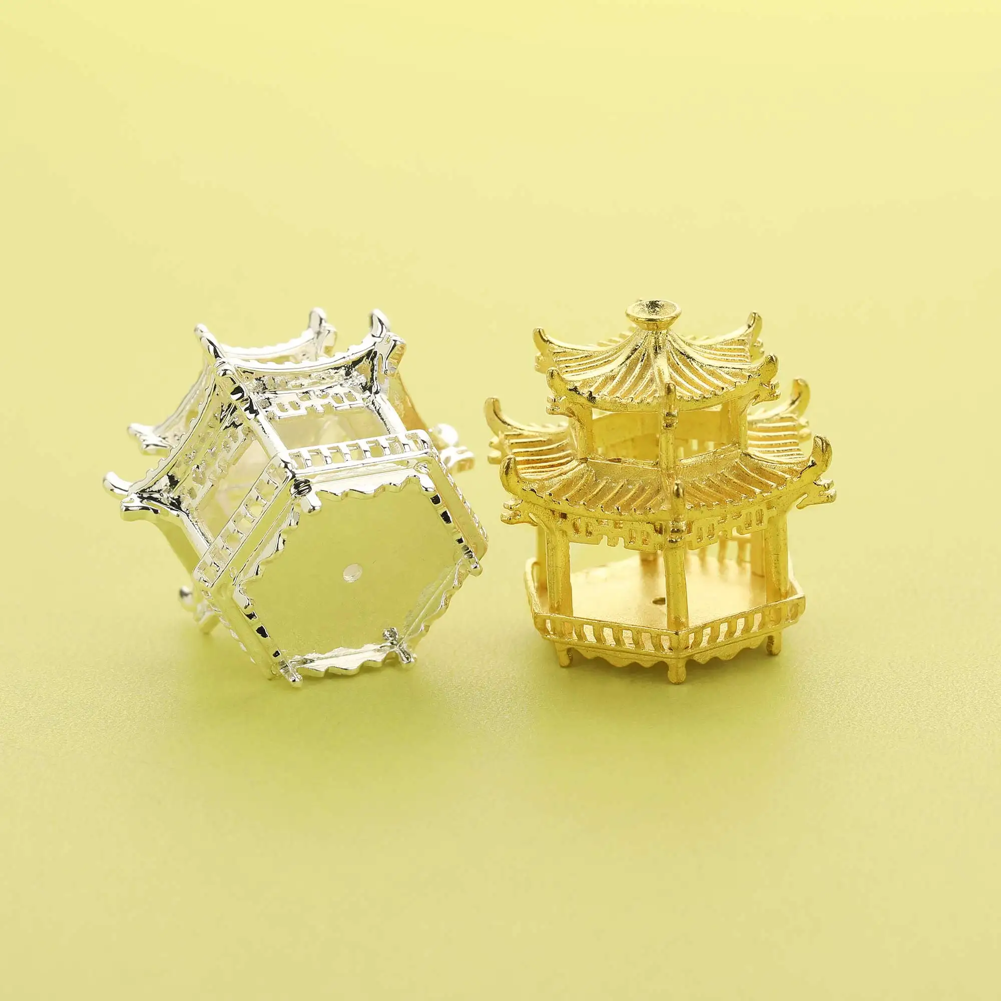 5Pcs 25MM Chinese Architecture Pavilion Pendant Charm,Silver Gold Plated Brass DIY Hanfu Supplies Findings 1800555