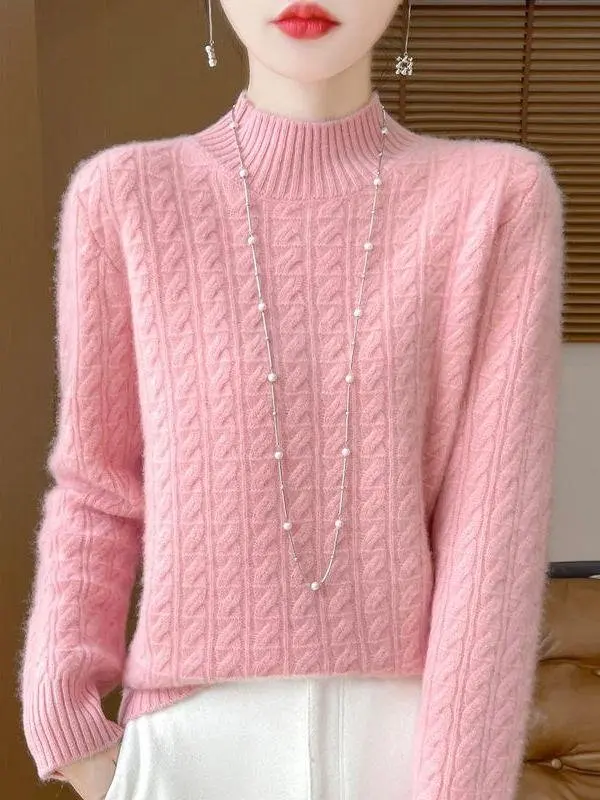 スタイリッシュなニットセーター女性の新しい秋冬ベースシャツレディーストップファッション美しいピンクセミハイカラーポケットハンカチ