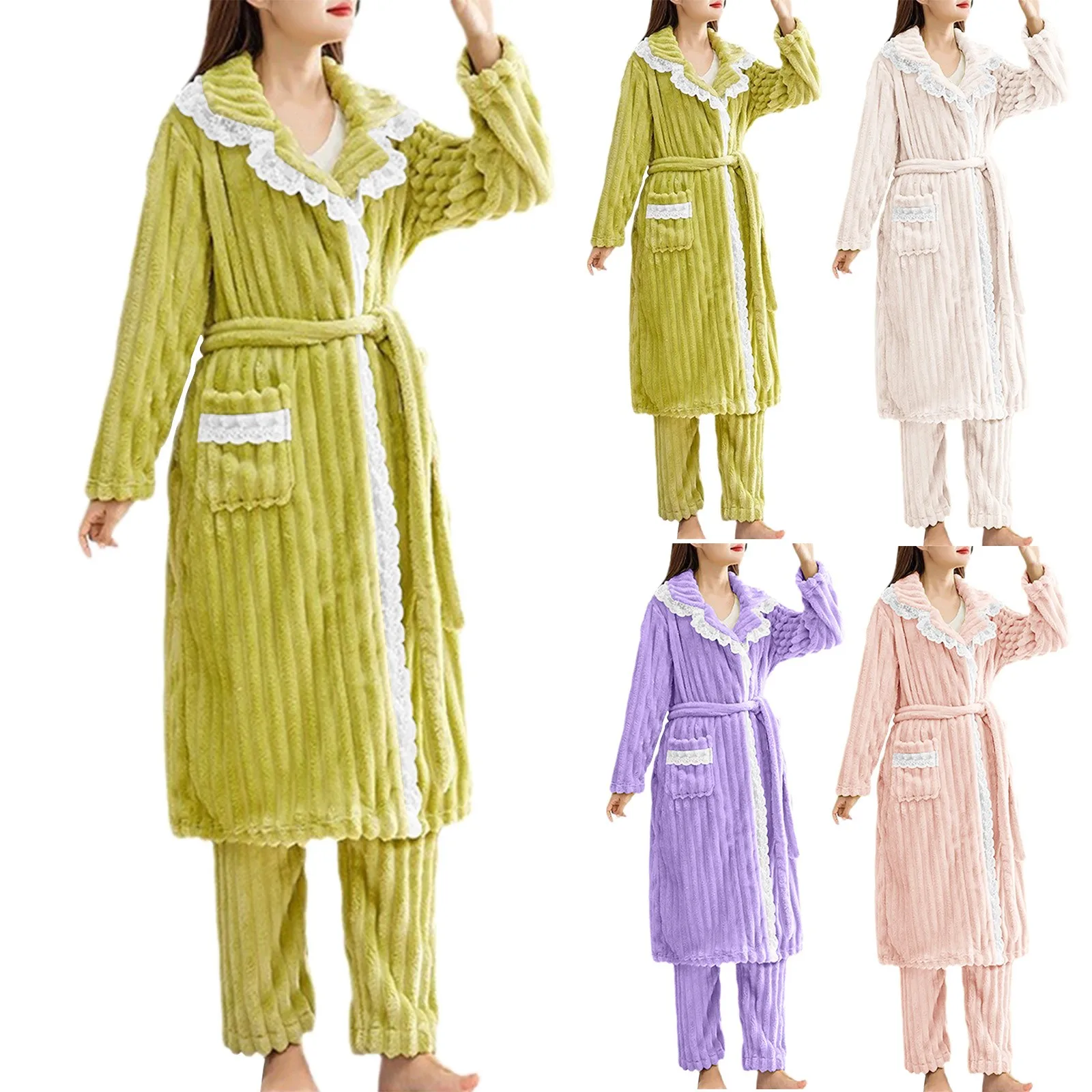 

Women Fuzzy Pajama Set Warm Long Sleeve Sleepwear Plush Loungewear Thermal Nightwear With Pockets Tartan Plaid Pajamas