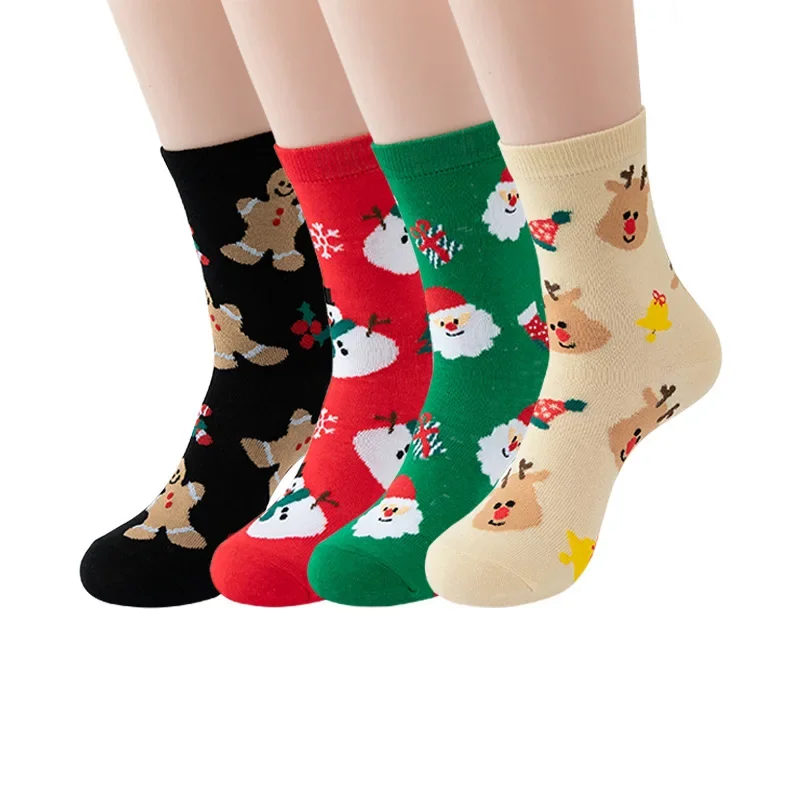 

1PR Christmas Stockings 2023 Pure-Cotton Cartoon Christmas Stockings Middle Tube Cotton Socks Red Green Black Pattern Female