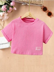 Girls bright pink knitted T-shirt: breathable waffle texture, fashion brand label