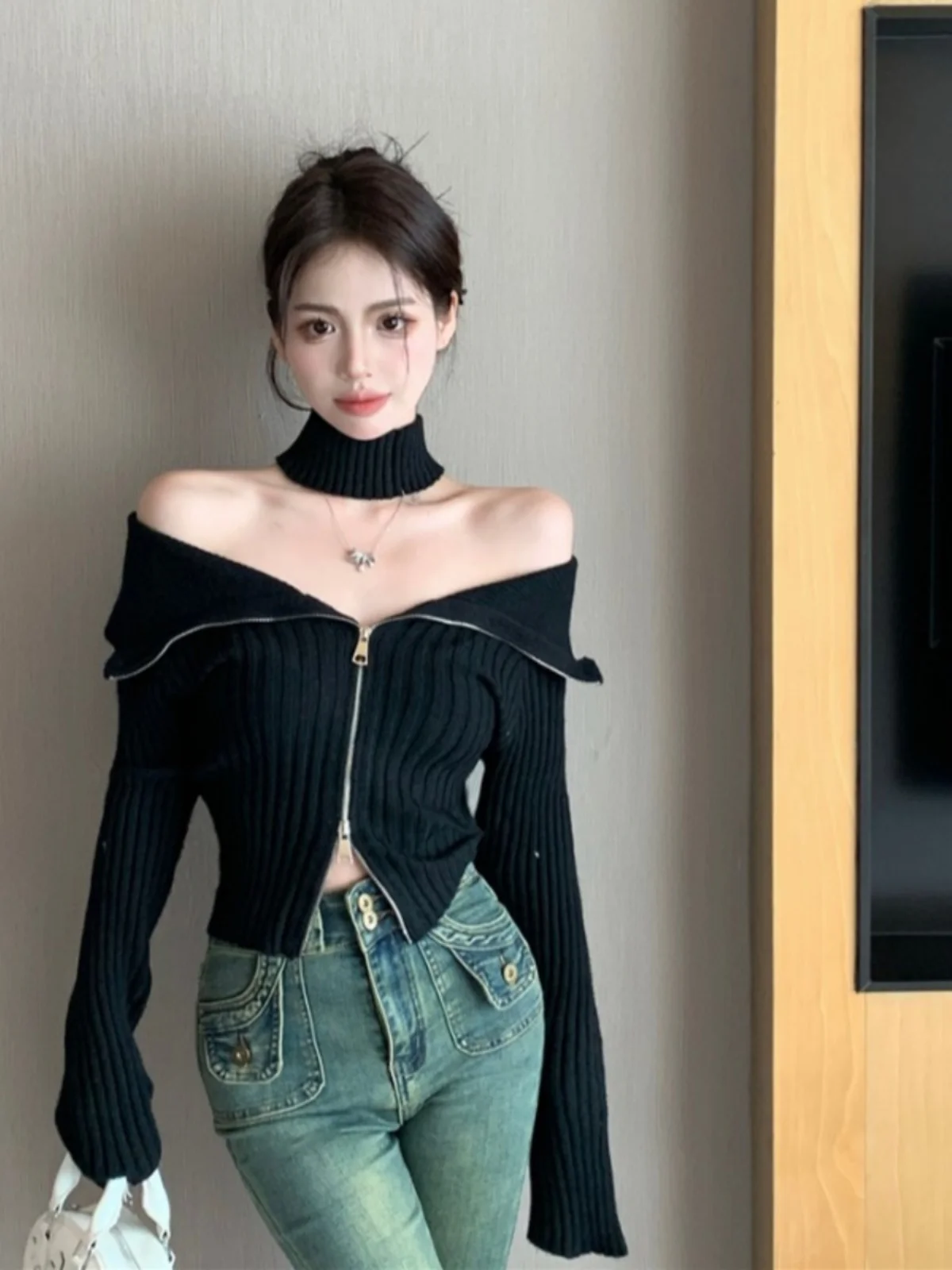 

Длинный вязаный открытый кардиган с двойной молнией и V-образным вырезом, функциональный шикарный женский полосатый кардиган в стиле ретро, весенняя шерсть...