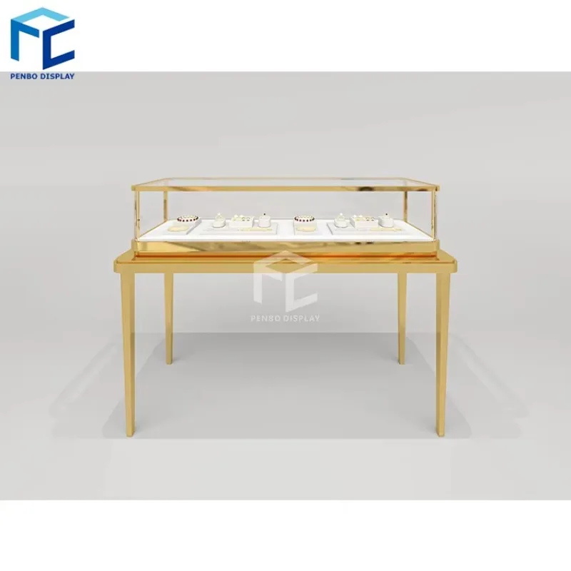 Custom.Trendy Custom Jewellery Display Cabinet Gold Stainless Steel Led Lighting Lockable Glass Jewelry Showcase Display Cabinet