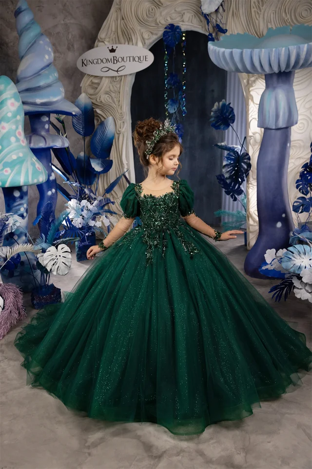 emerald green pageant dress Custom Couture Girls Glitter Tulle Taffeta Gown Sheath 2 Emerald Green Sequins Evening Dress
