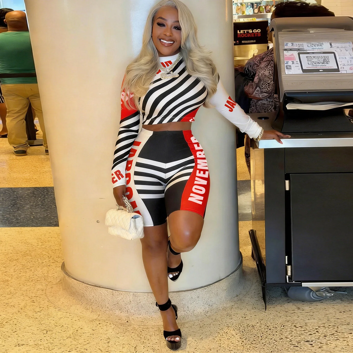 STYLISH LADY Striped Letter Print 2 Piece Outfits Women Long Sleeve Crop Top High Waist Biker Shorts Sport Bodycon Matching Set