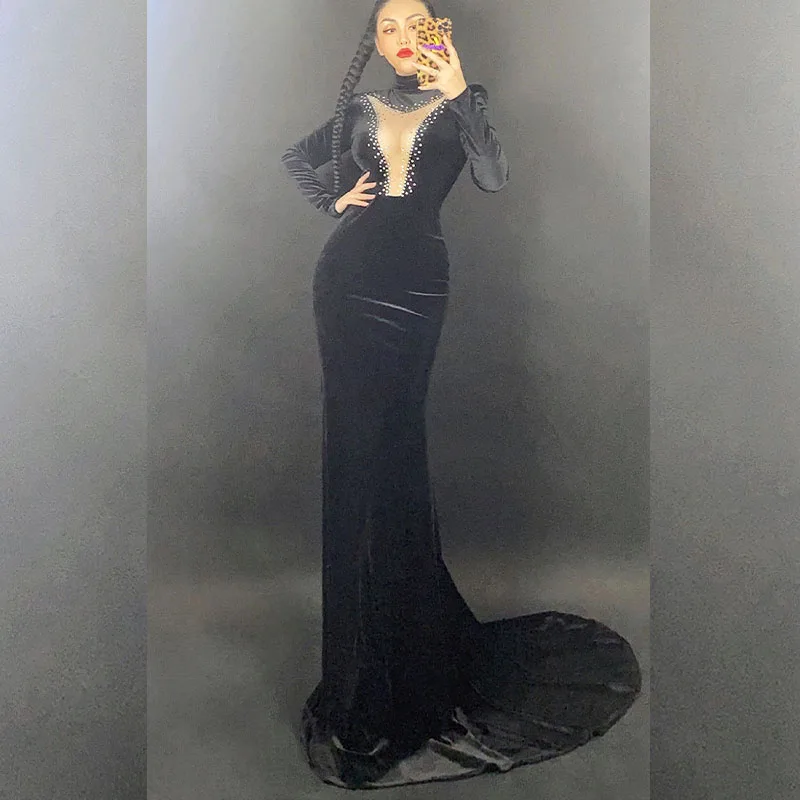 

Rhinestone Women Sexy Black Velvet Evening Long Train Dress Prom Outfit Birthday Wedding Nightclub Big Tail Dance Costume