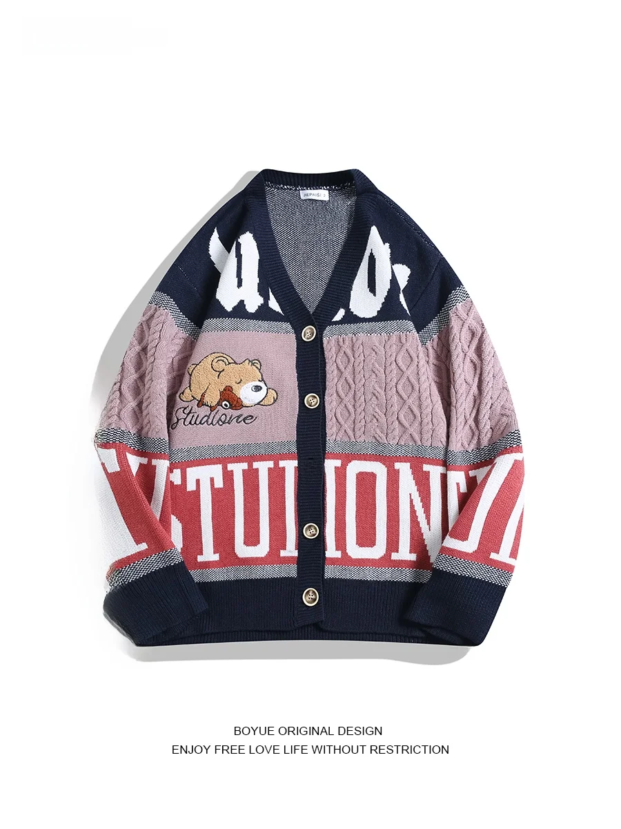 

BOYUE вязаный свитер с v-образным вырезом и мультяшным воротником, повседневная свободная мужская верхняя одежда, контрастный цвет, дизайн, зимний теплый узор медведя