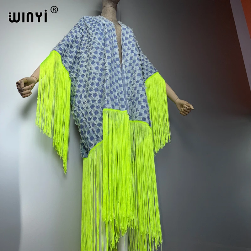 WINYI Denim tassel coat beach cover-up summer outfits for women Elegant fashion Cardigan sexy Holiday print maxi dress