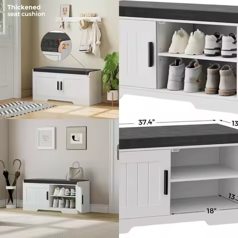 Double-Deck Storage Shoe Bench with Cushion, White, for Home Entryways and Rooms