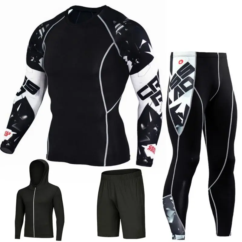 New Personality Fitness Suit Men's Sports Fitness Suit Sweating Running Marathon Tight Set Quick-drying High Elastic 2-4 Pcs Set