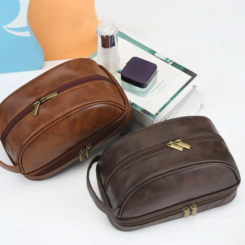 Waterproof Pu Leather Toiletry Bag for Men Travel Wash Bag Vintage Travel Bathroom Necessary Large Storage Organizer Makeup Bag