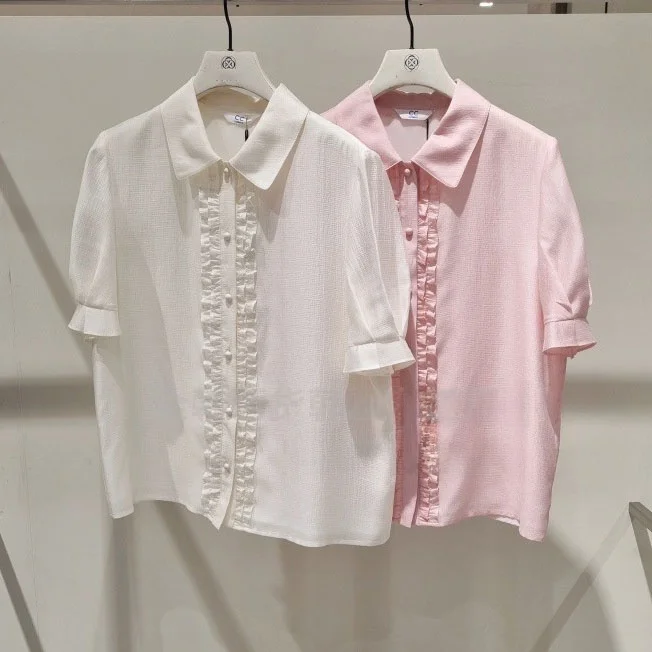 

Korean Style Pleated Flip-Collar Shirt Sweet Versatile Slimming Small Top Button-Up Short Sleeve Pure Color Commute Friendly