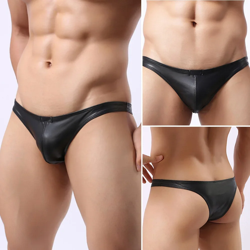 Ropa interior de Tanga para hombre, calzoncillos elegantes y cómodos de cuero PU negro con bolsa, disponible en diferentes tamaños