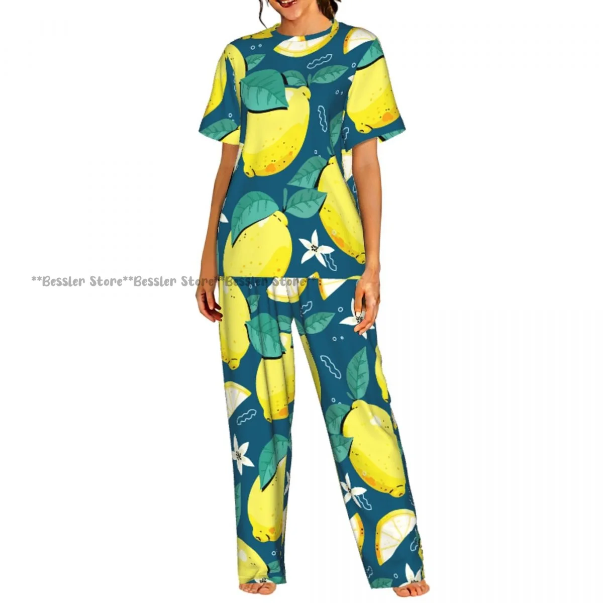 

Женский комфортный комплект пижамы с лимонным принтом, летний, с коротким рукавом