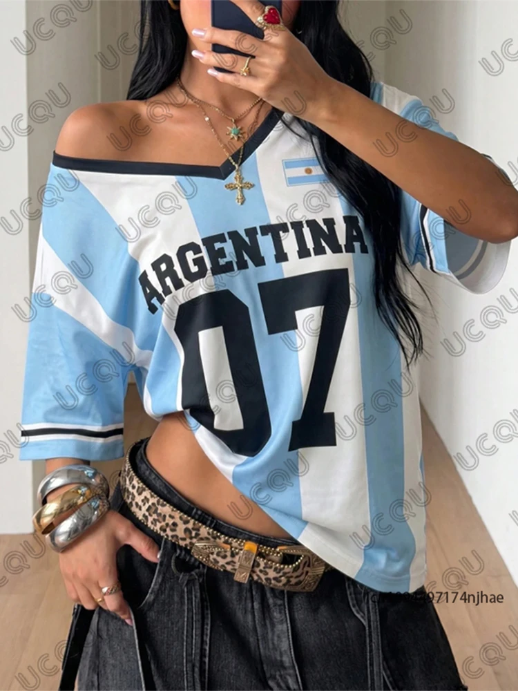 Summer New Stripe Argentina No.7 Print Women‘s Surfing T-Shirt V-Neck Sports Tees Football Jersey Y2K Loose Kids/Adult Tops