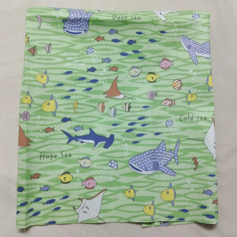 Adorable Green Ocean Fish Dolphin Shark Printed Cotton Fabric For DIY Sewing Bedding Quilting Clothing Home Decor