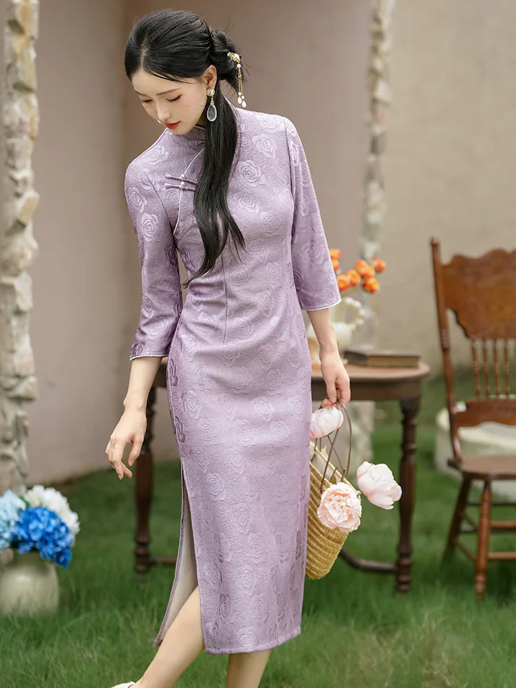 

Ele Purple Improved Young Sle Office Wear Beautiful Sli Daily Long Qipao Slant Lapel Seven Sve