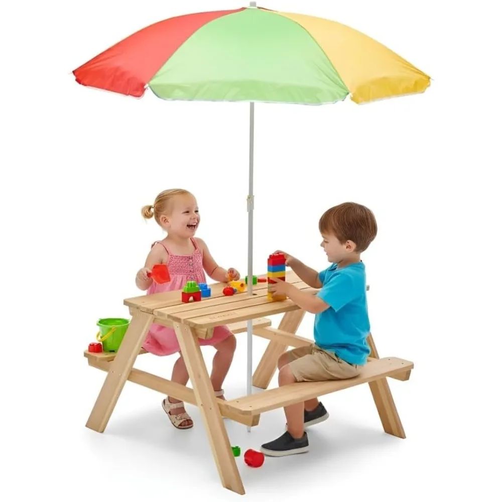 

Wooden Kids Picnic Table Outdoor Toddler Activity Set with Umbrella Bench Backyard Furniture