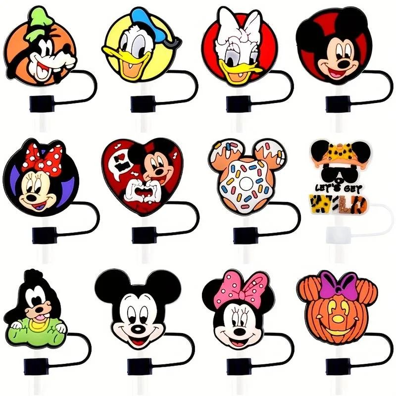 12Pcs Cartoon Silicone Straw Topper Cap, 10mm 0.39in Dust‑Proof Straw Cover With Anti‑Lost Lanyard, Reusable Straw Plug Accessories For 40oz Tumbler Cup, Birthday Holiday Party Gift Supplies, Random Style
