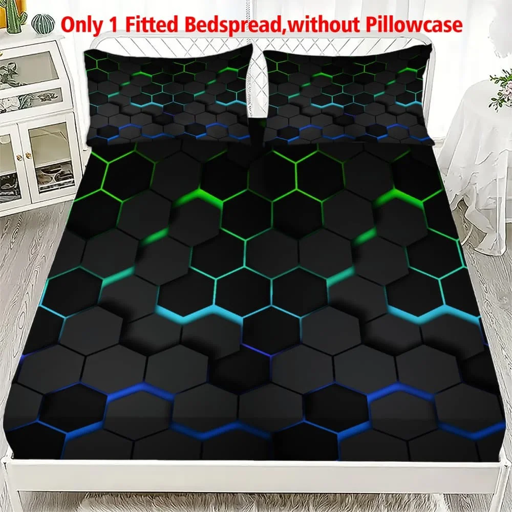 1 Stück 3D Farbverlauf Neon Hexagon Tech-Inspirierte Spannbettlaken mit Tiefen Taschen, Elastischer Matratzenbezug für Einzel-, Doppel-, Queen- und King-Size-Betten, Schlafzimmer-Dekoration