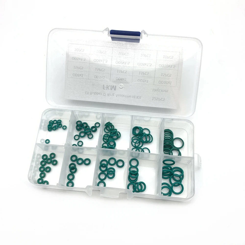 

125pcs FKM Green O-Ring Gaskets Acid-Base High Temperature Oil Resistance Fluororubber Ring Seal Multi -Size Maintenance Box Set