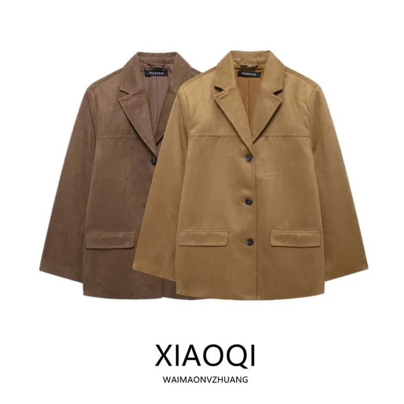 

2024 Autumn New Women's Design Brown Faux Velvet Suit Jaet Versatile Long Sve Regular Length Faionable Outerwear