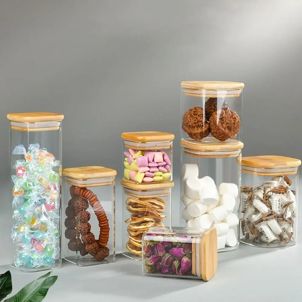 Glass Sealed Jar with Bamboo Lid Spice Jars Transparent Split Bottle Storage Tank Snack Candy Storage Jar