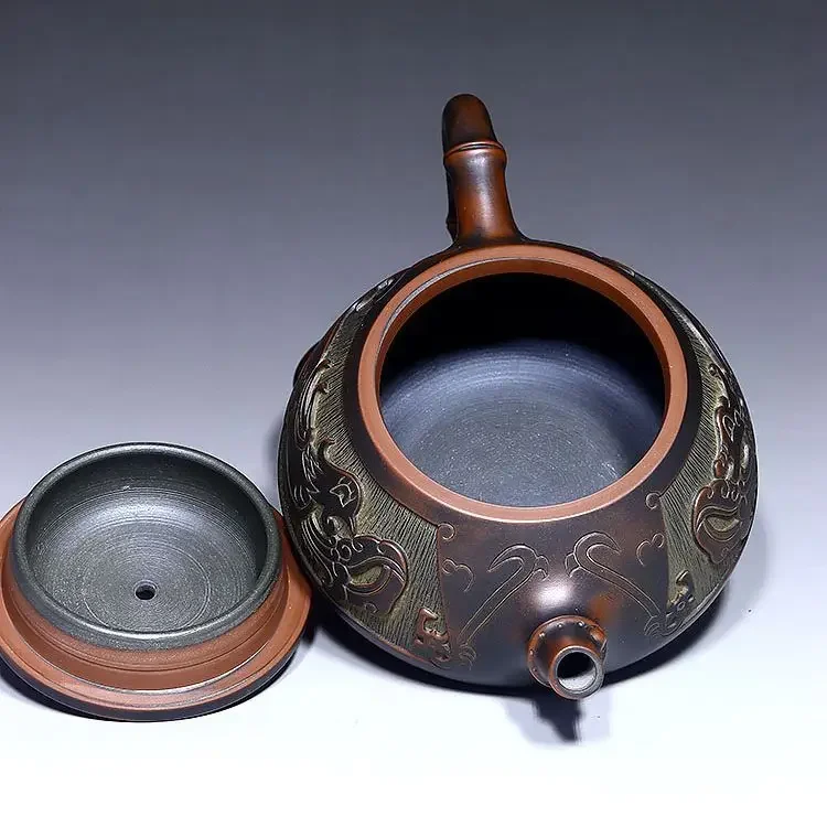 Tetera de Cerámica Qinzhou Nixing de 240 ml, Famosa Tetera Artesanal con Diseño de Dragón y Fénix, Infusor de Té, Tetera con Conexión de Bambú, Accesorios para el Juego de Té
