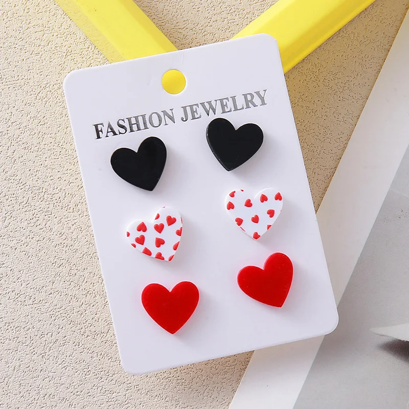 3 أزواج شكل قلب دوت طباعة النساء الأقراط الثلاثي الوردي أسود أحمر اللون القلب جميل لطيف الفتيات القرط مجموعة الحلو هدية مجموعة مجوهرات #6