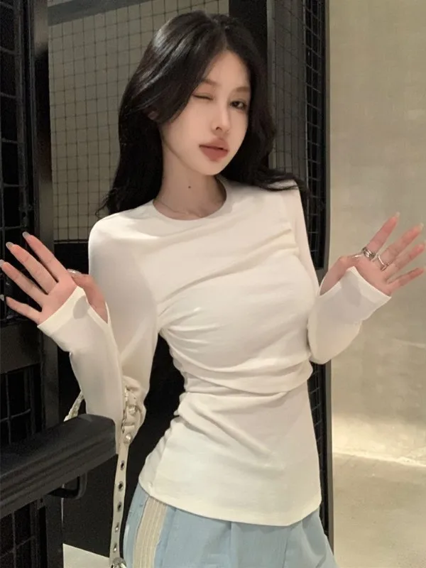 

Fall Winter Korean Style Slim Fit T-Shirt Women's Base Layer Long Sleeve Asymmetric Pleat Design Breathable Skin-Friendly Cit...