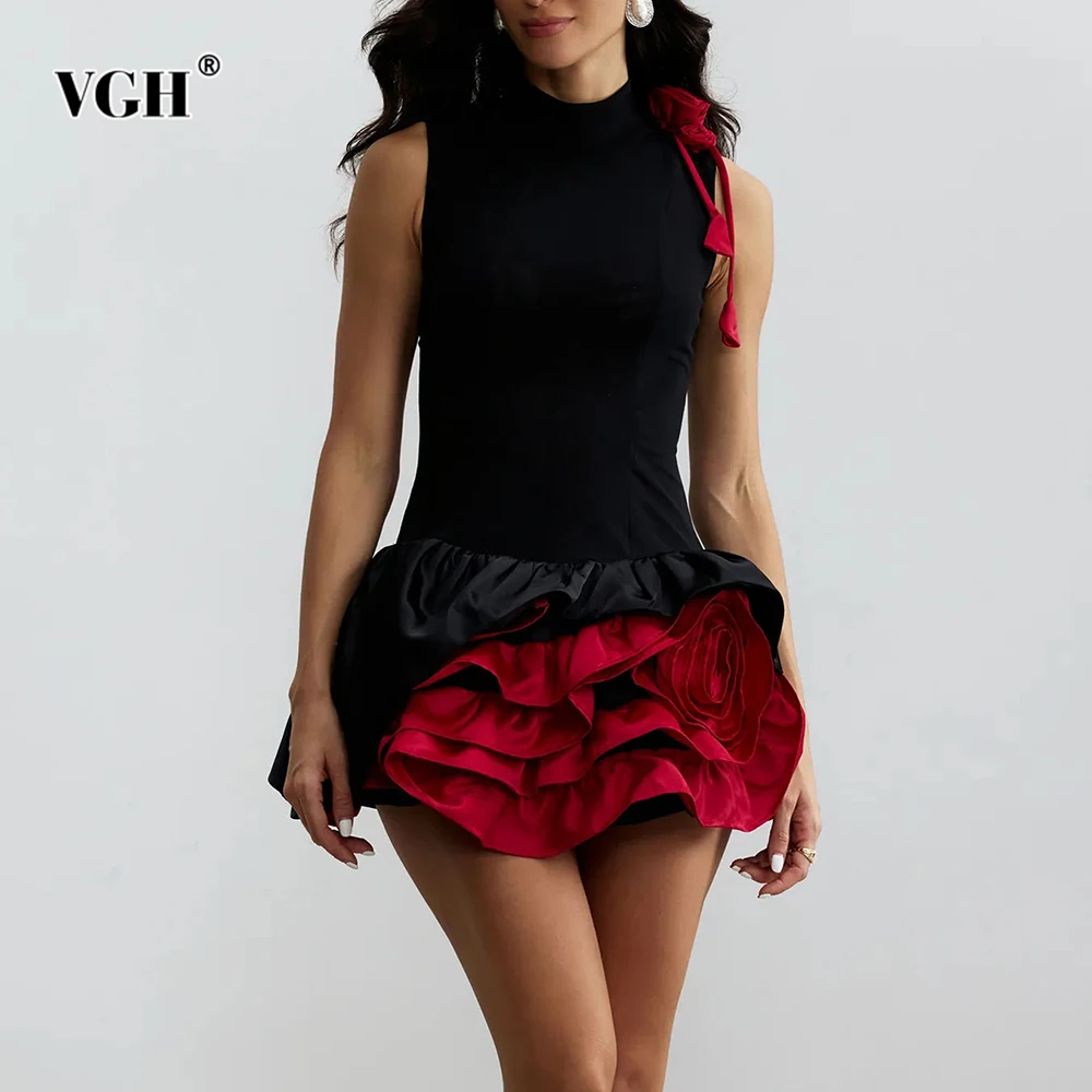 

VGH Hit Color Slimming Spliced Appliques Mini Dresses For Women Round Neck Sleeveless High Waist Sexy Dress Female Fashion New