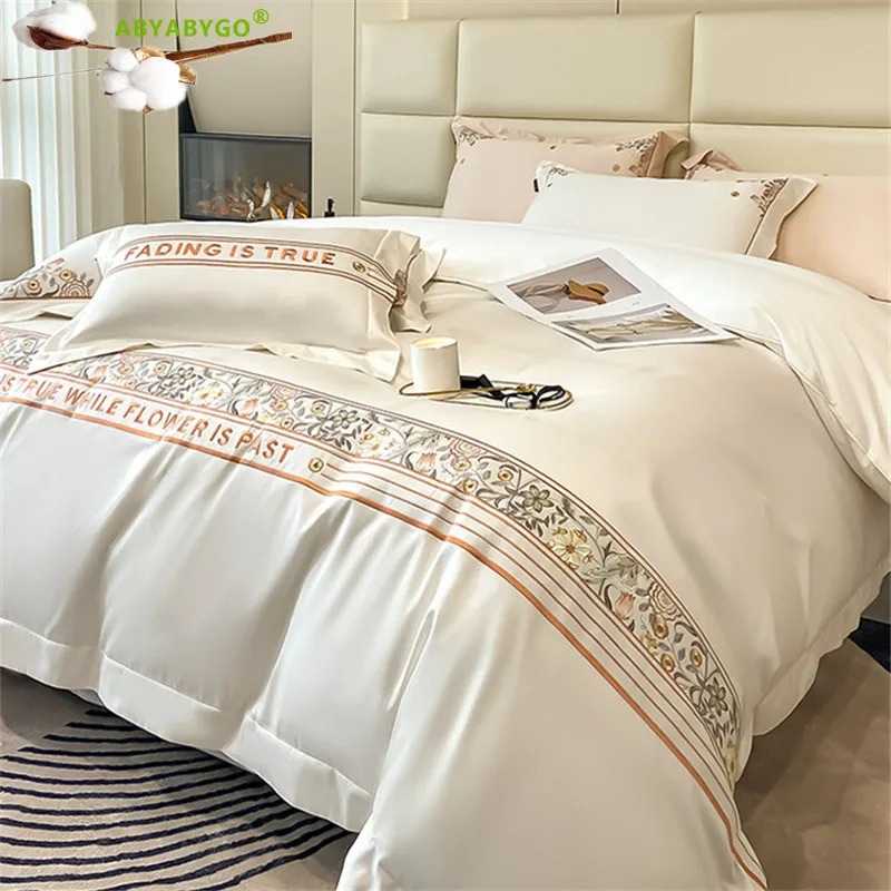 Luxury Solid Color 1000TC Egyptian Cotton Floral Embroidery Bedding Set Wedding Gifts Duvet Cover Fitted Bed Sheet Pillowcases