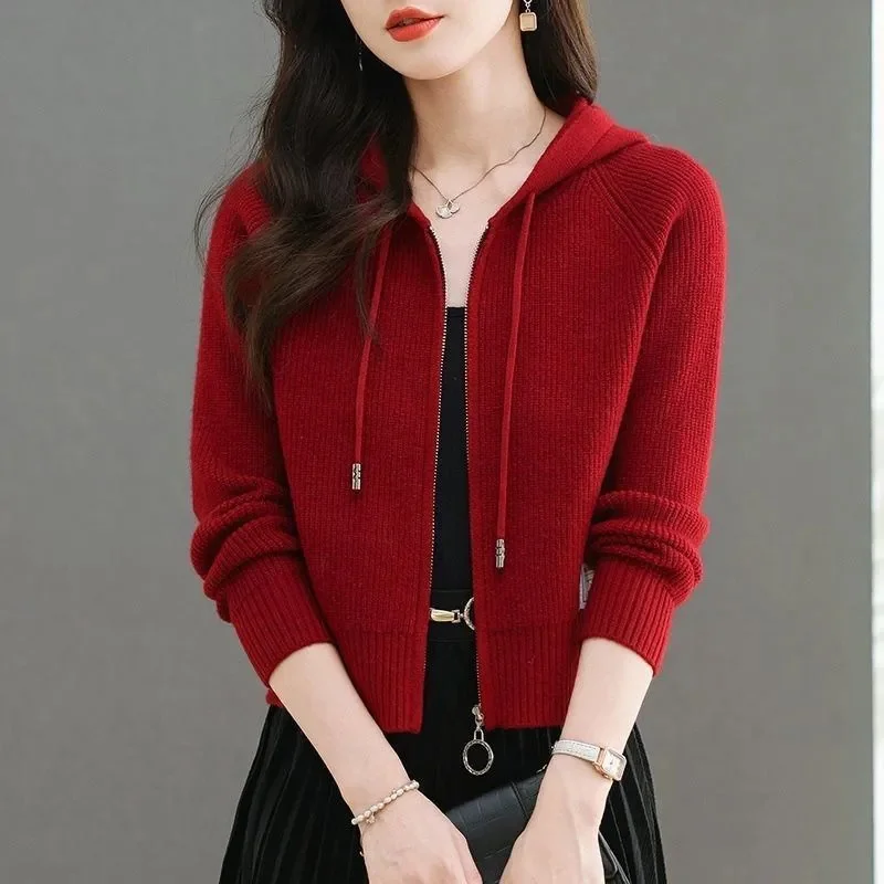 

Autumn Women Cardigan Short Knitted Sweater Jacket Korean Loose Wild Zipper Cardigans Ladies Solid Color Sweater Coat Red Top