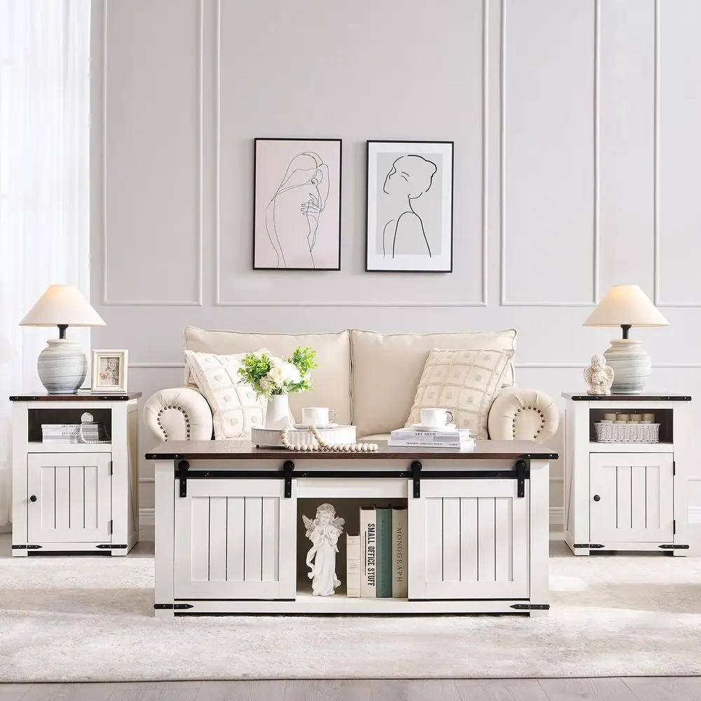 

3-Piece Antique White Farmhouse Furniture Set: 48 Lift Top Coffee Table with Barn Door, 2 Nightstands w/ Charging & Adjustable S