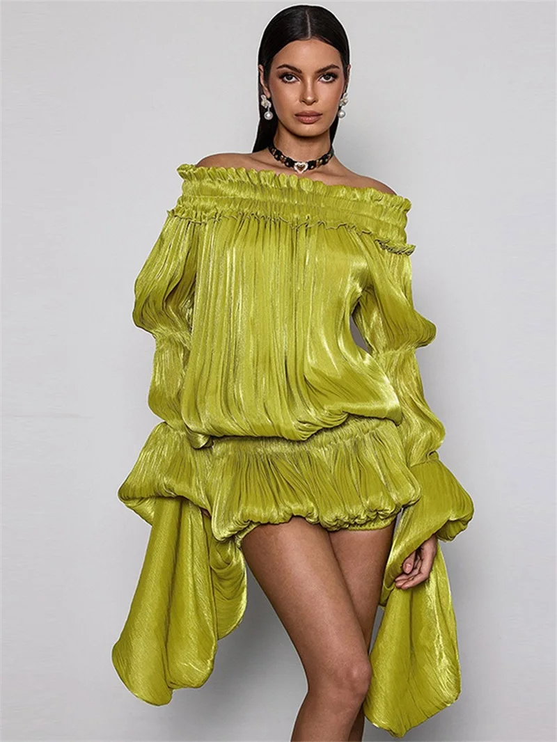 Shimmer Pleated Off‑Shoulder Puff‑Sleeve Mini Prom Dress Matching Shorts Set Flowy Ruffled Party Gown Loose Elegant Wedding Robe