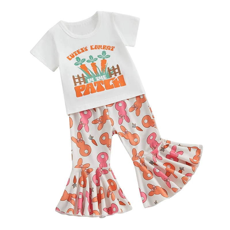 

Baby Girls Easter Pants Set Short Sleeve Bunny Egg Letter Print T-shirt Carrot Bunny Print Flare Pants 2Pcs Sets