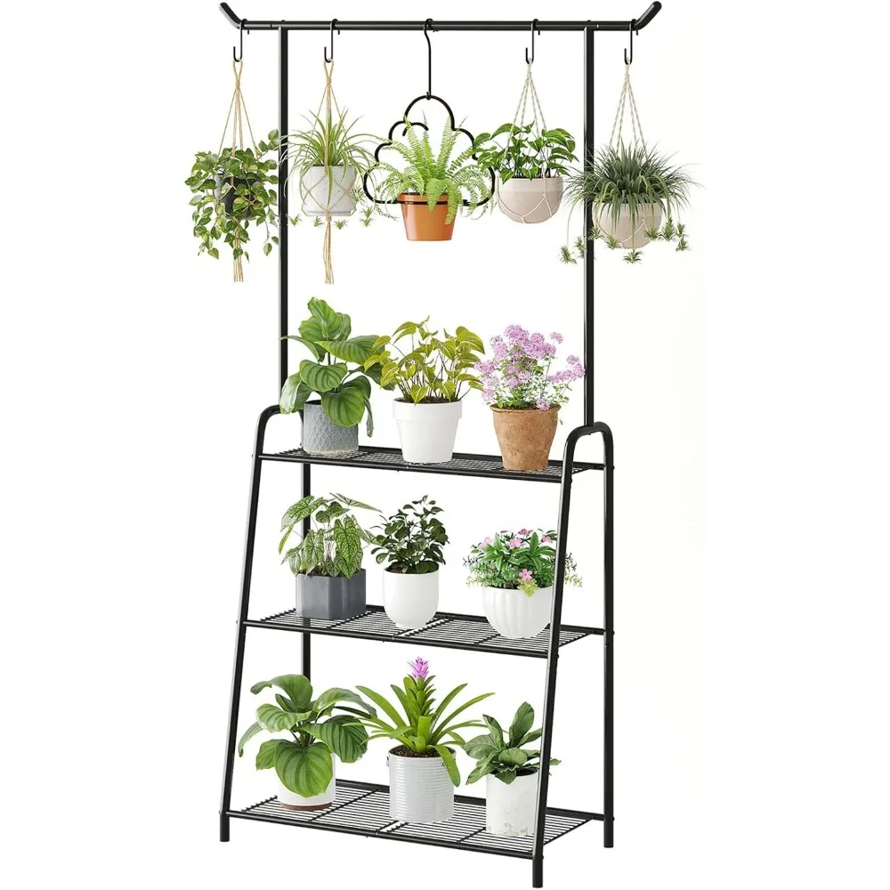 

Metal Plant Stand Indoor Outdoor, 3 Tier Tall Corner Plant Shelf, Hanging Flower Ladder for Living Room, Balcony, Garden, Patio
