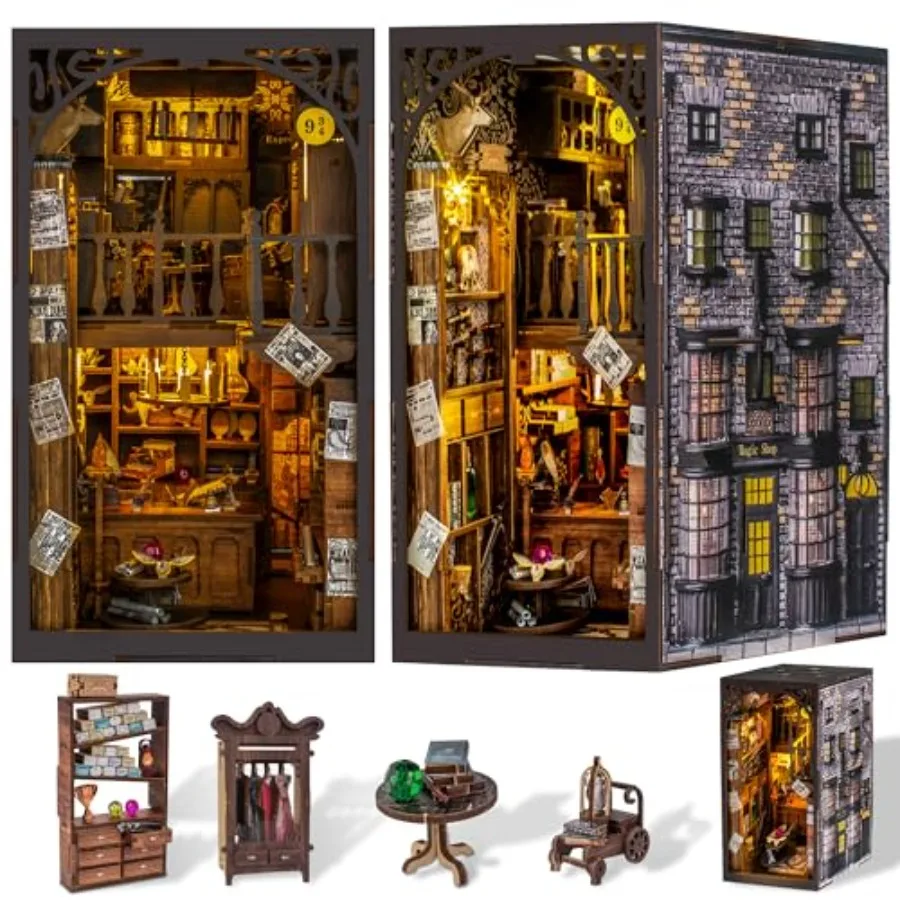 

Набор для самостоятельной сборки миниатюрной книжной полки DIY Book Nook Kit, деревянный 3D-пазл, декор для книжной полки, украшение для Хэллоуина/Рождества/подарок