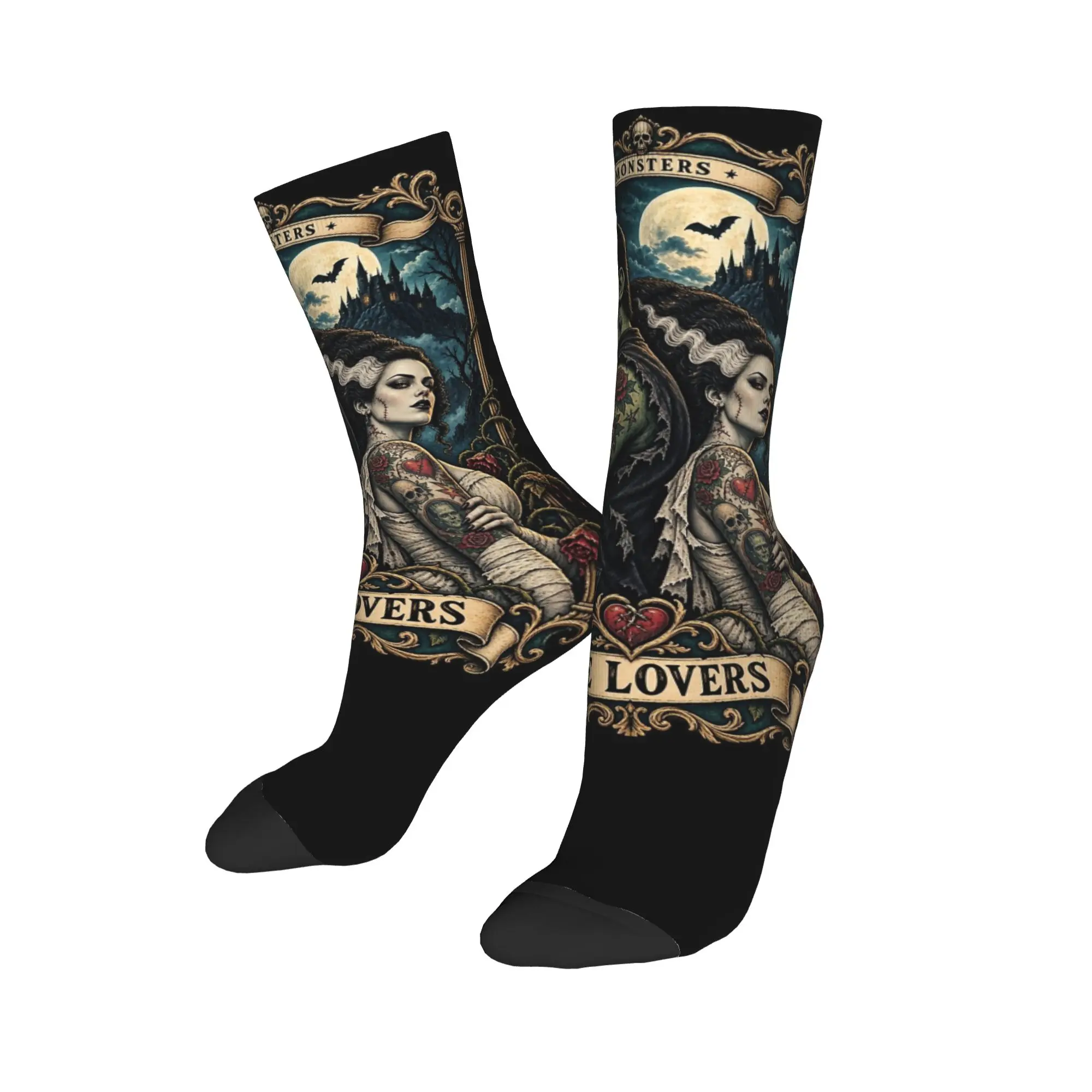 Colorful Frankenstein Lovers Vintage Horror Monsters Tarot Card Basketball Socks Polyester Crew Socks for Unisex Sweat Absorbing