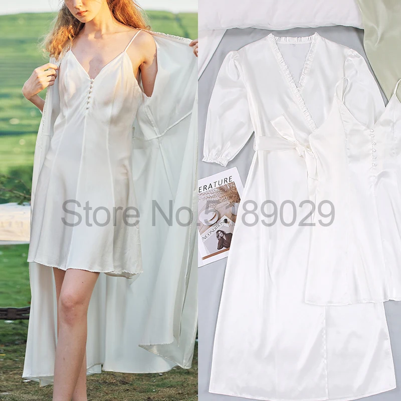 Women Satin Bathrobe Gown Vintage Court Style 2Pcs Kimono Robe Set Half Sleeve Sleepwear Nightwear Home Clothing Loungewear