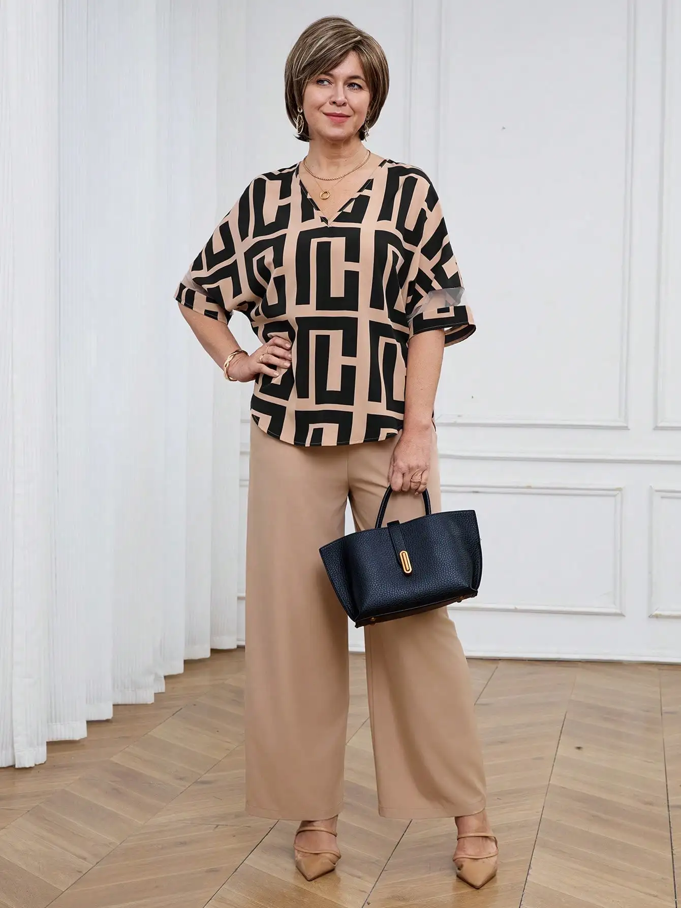 여성용 기하학적 프린트 브이넥 반소매 탑 & 와이드 레그 팬츠 세트(캐주얼 또는 사무복용)