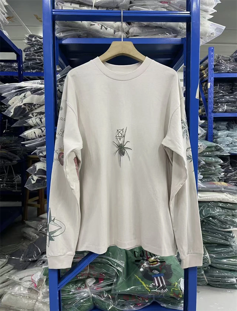 Vintage Saint Retro Street Spider Patton Print Washed Long Sleeves Cotton Casual For Men Women Rock Hip Hop Oversize Tops