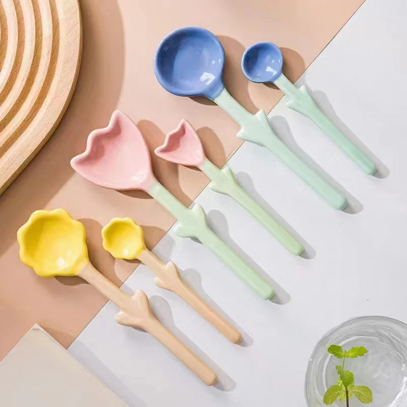 Cute Flower Spoons Ceramic Tulip Shaped Student Coffee Milk Stirring Spoon Girl's Heart Utensils Creative