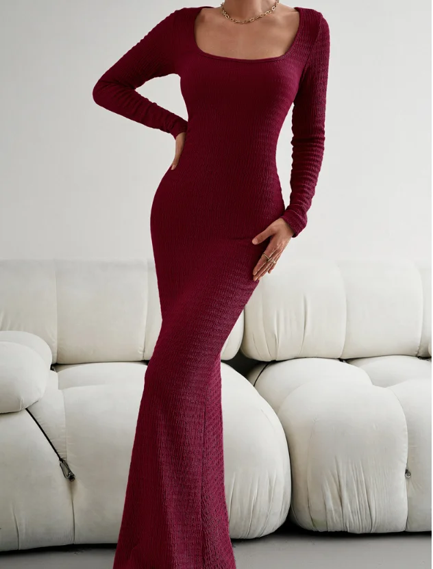 

Sexy Elegant Dresses for Women Slim Fit Square Neck Long Sleeved Knitted Dress 2025 Autumn Winter Spring New Fashion Casual